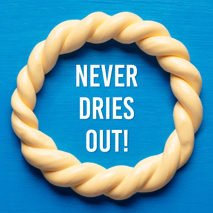 Dog toy ring with text 'NEVER DRIES OUT!' on a blue background