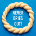 Dog toy ring with text 'NEVER DRIES OUT!' on a blue background