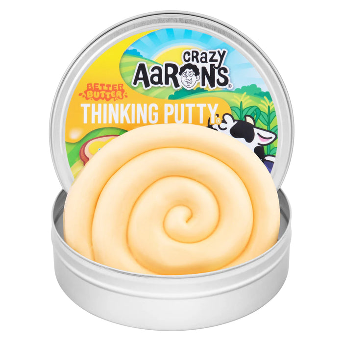 Crazy Aaron's Thinking Putty in a tin with a swirl of putty on a white background
