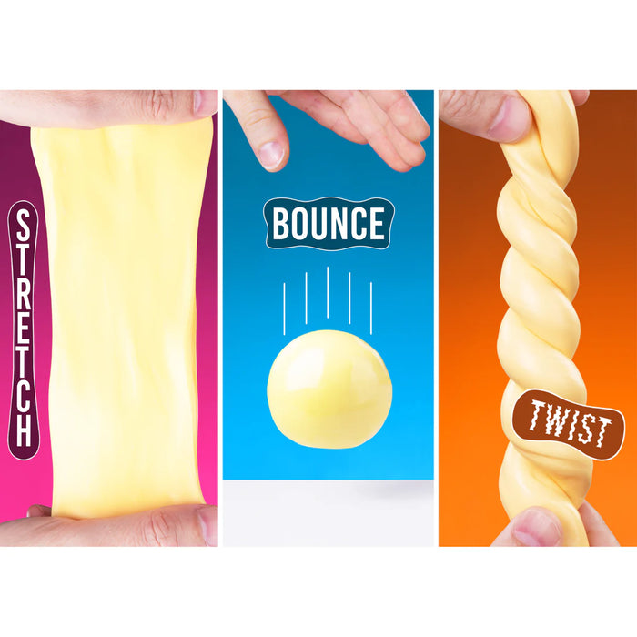 Product packaging with 'Bounce' branding, showing stretchy material being manipulated.