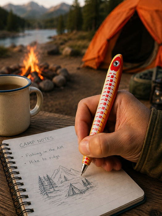 A hand holds a fishing-themed pen with a red and yellow striped body and white line details, writing in a spiral notebook labeled 'CAMP NOTES'. A rustic mug sits nearby, with a campfire, mountains, and an orange tent in the background.