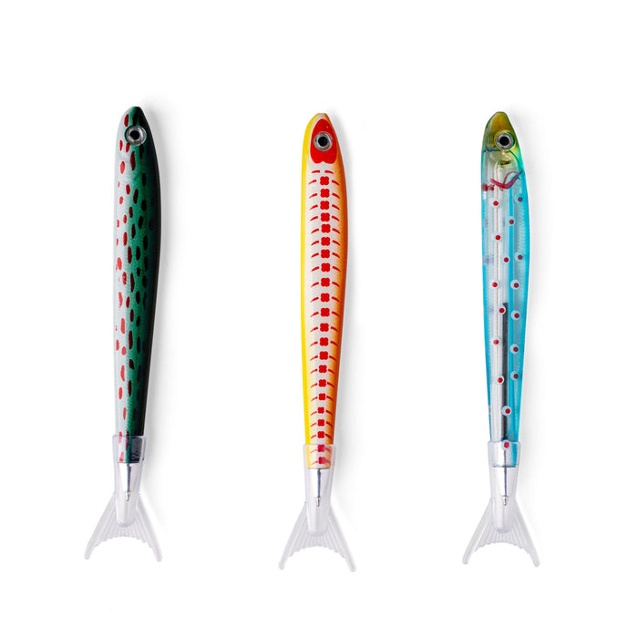 Three colorful fishing lures on a white background