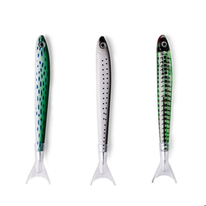 Three fishing lures with green and black patterns on a white background