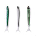 Three fishing lures with green and black patterns on a white background