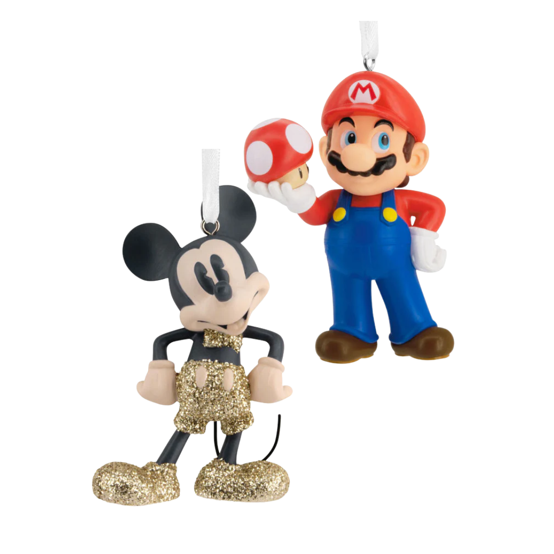 Two Christmas ornaments: one resembling Mickey Mouse and the other resembling Mario, on a white background.