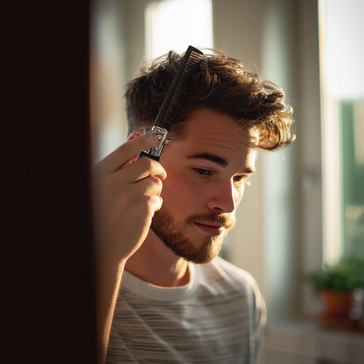 Man grooming his hair with a comb in a bathroom setting