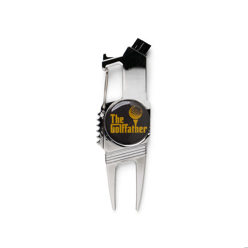 Golf divot tool with 'The Golffather' design on a white background