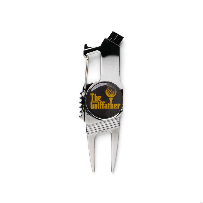 Golf divot tool with 'The Golffather' design on a white background