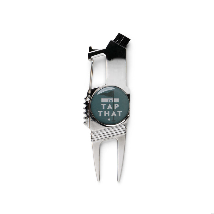 Golf divot tool with 'I'd Tap That' text on a white background