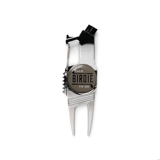 Golf divot tool with 'Talk Birdie to Me' text on a white background