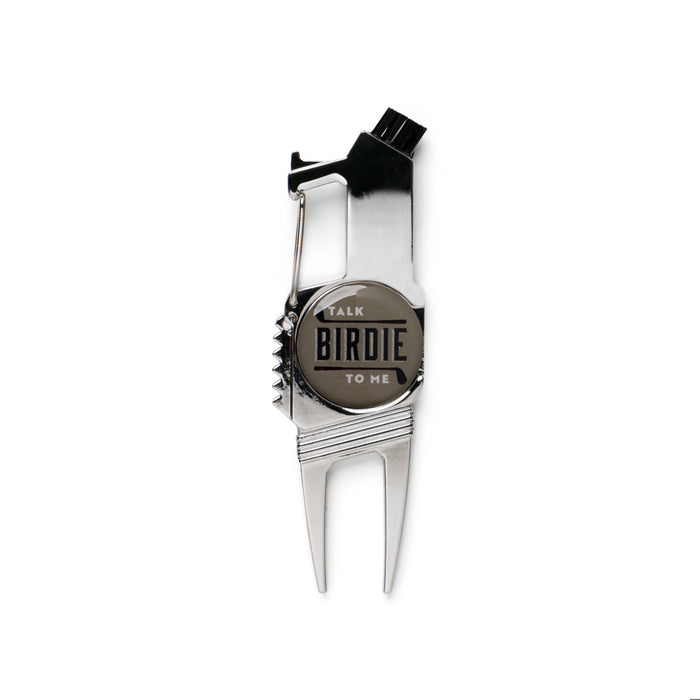 Golf divot tool with 'Talk Birdie to Me' text on a white background