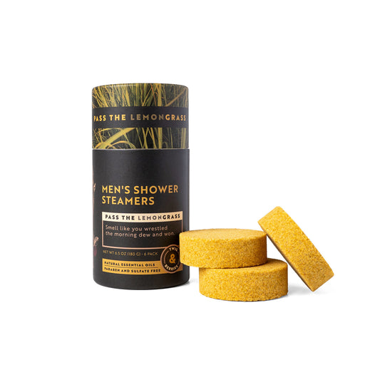 Men's shower steamers with a black cylindrical container labeled 'Pass the Lemongrass' on a white background.
