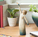 Decorative figurine of a woman in a yoga pose on a desk with plants and books in the background.