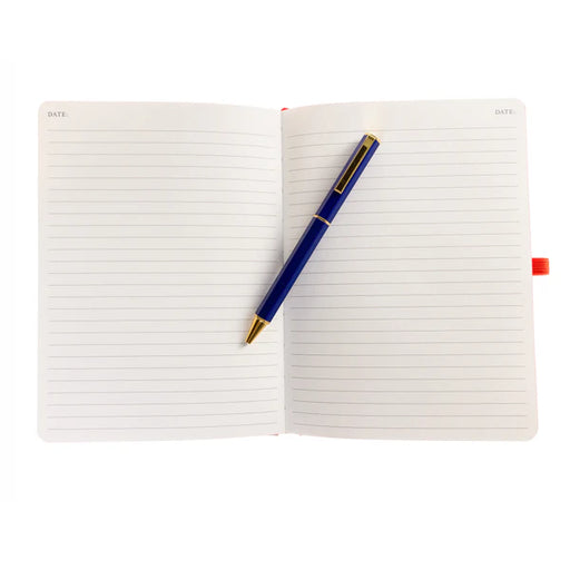 Open notebook with a blue pen on a white background