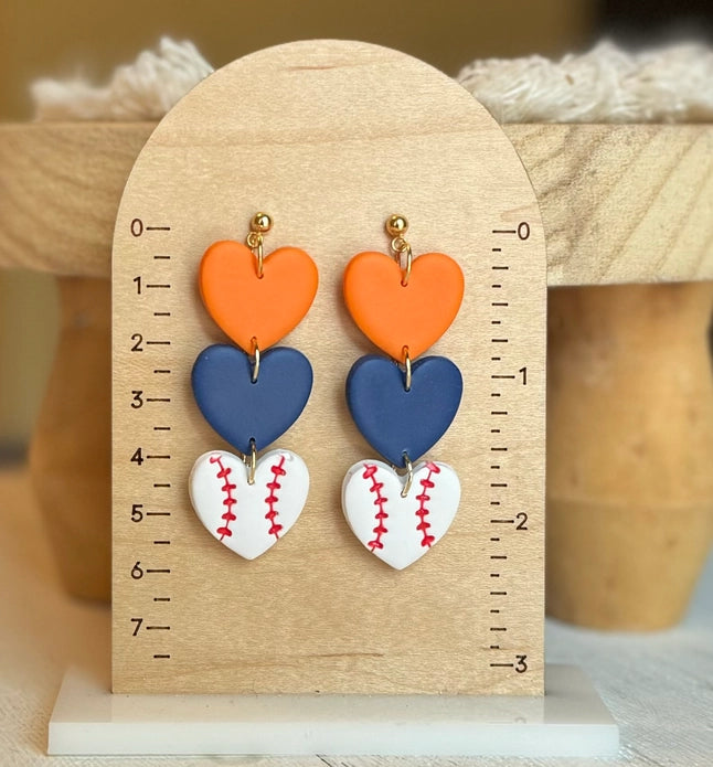Astros Triple Heart Polymer Clay Dangle Earrings