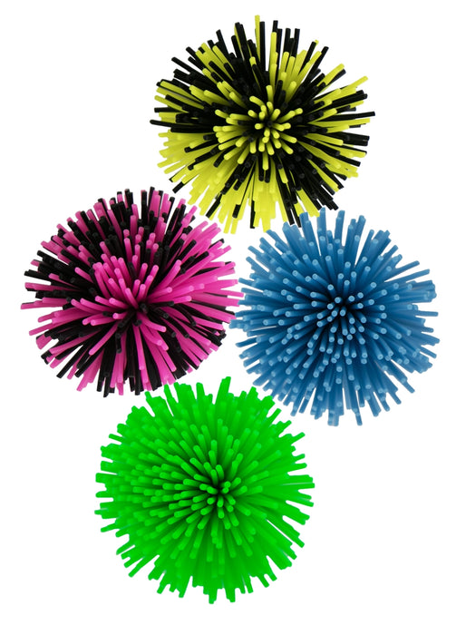 Four colorful spiky balls in green, blue, pink, and yellow on a white background