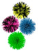 Four colorful spiky balls in green, blue, pink, and yellow on a white background