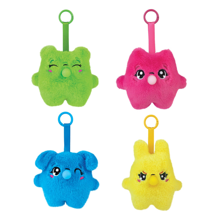 Four colorful plush keychains on a white background