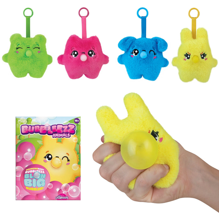 Colorful plush toys with a hand holding a yellow plush toy, and a 'Bubble Guppies' packaging.