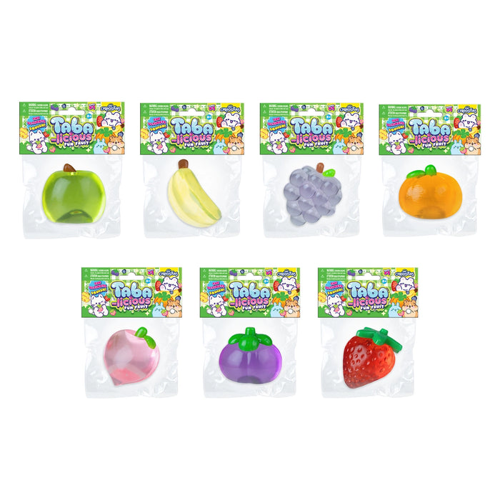 Set of 8 small fruit-shaped toys in packaging on a white background