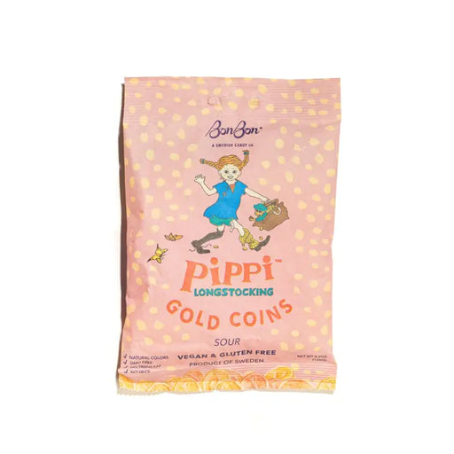 Packaging of Pippi Longstocking Gold Coins with a character illustration on a pink background