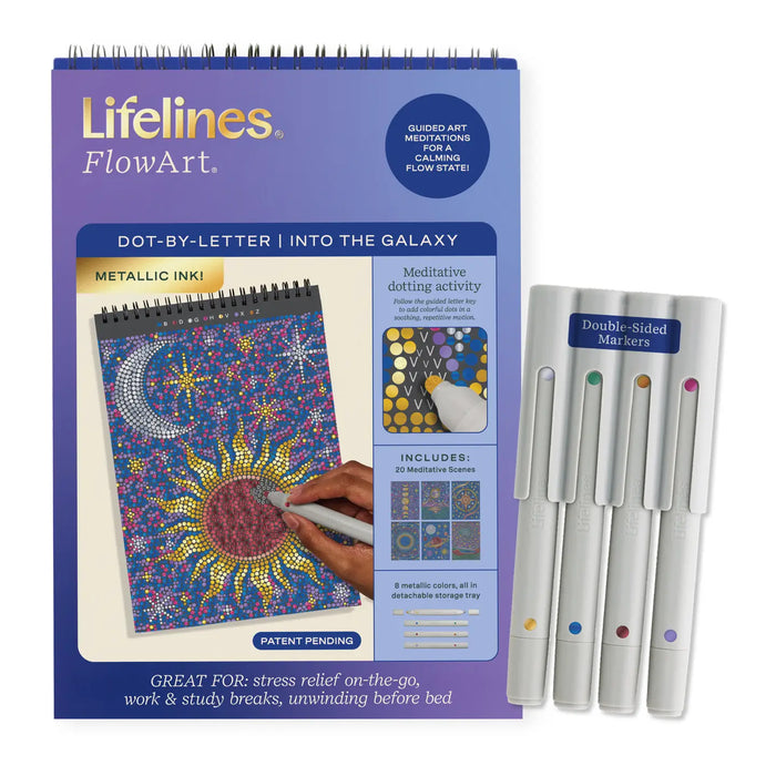 Lifelines FlowArt dot-by-letter set with markers on a white background