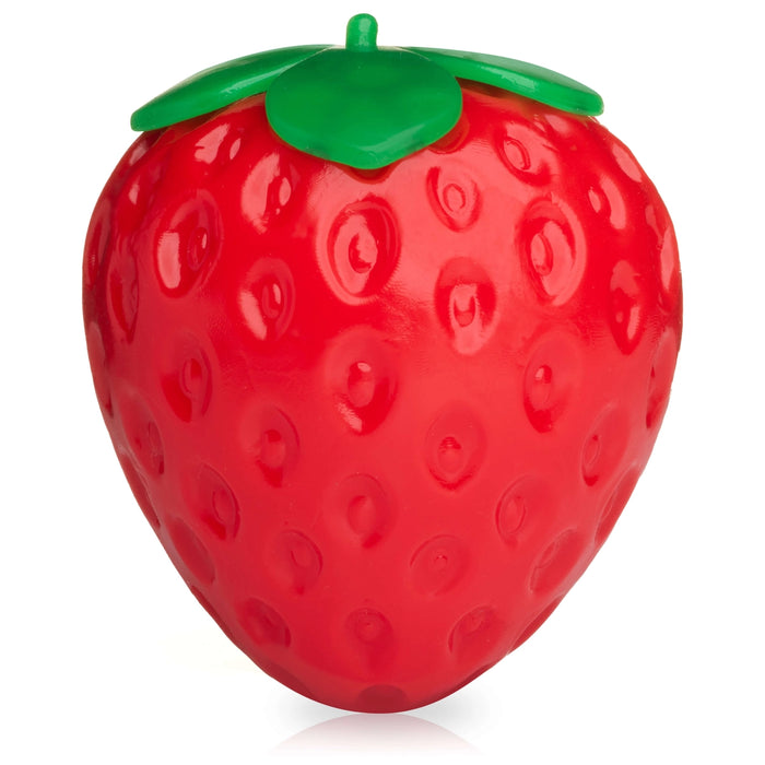 Red strawberry-shaped object with green top on a white background