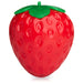 Red strawberry-shaped object with green top on a white background