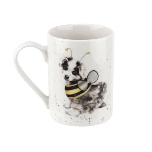 White mug with a design of a dog wearing a bee costume on a white background