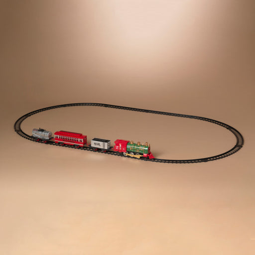 Model train set on a circular track against a beige background