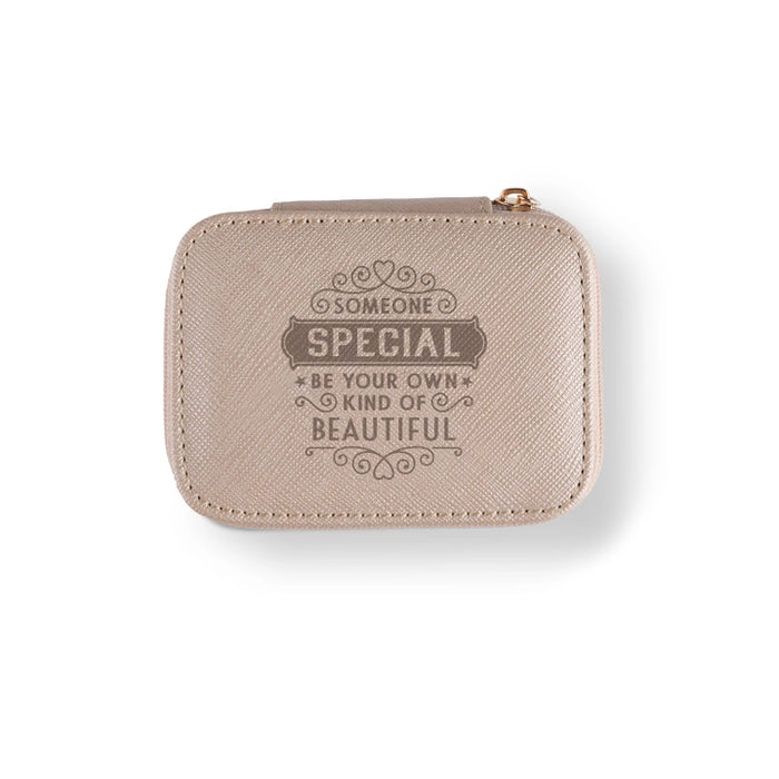 Gold box that says 'Someone Special Be Your Own Kind of Beautiful' on a white background