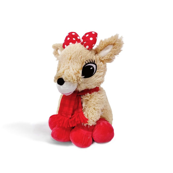 Plush deer toy with a red scarf and bow on a white background