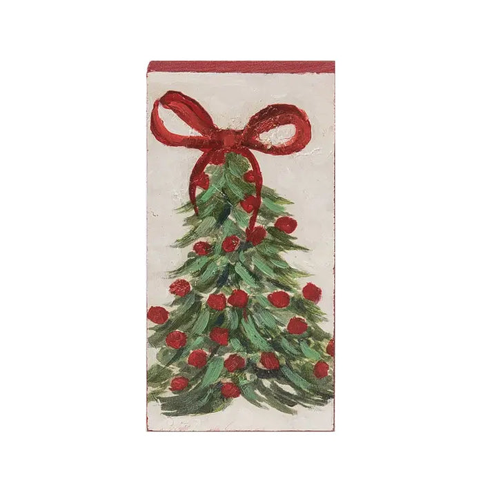 Rectangular decorative item with a Christmas tree and red bow design on a white background