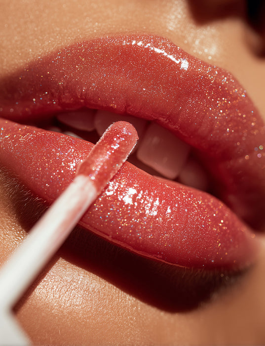 Close-up of a person applying glittery pink lipstick with a brush.