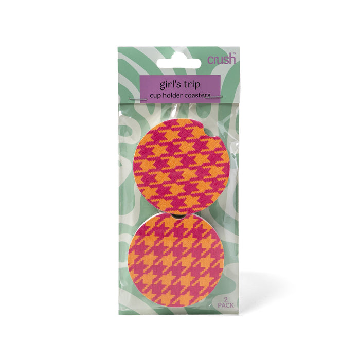 Pack of cup holder coasters with pink and orange pattern on a white background