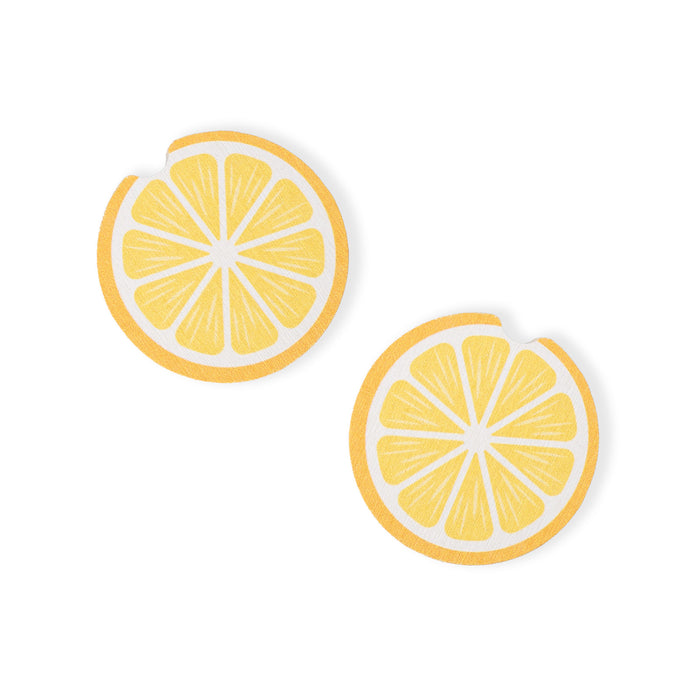 Lemon slice earrings on a white background