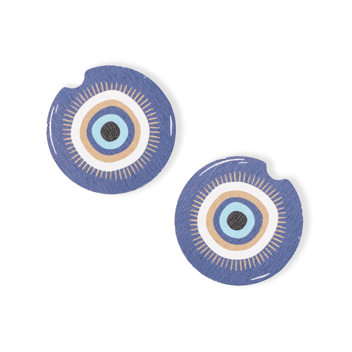 Two circular coasters with a blue, beige, and white color scheme on a white background.