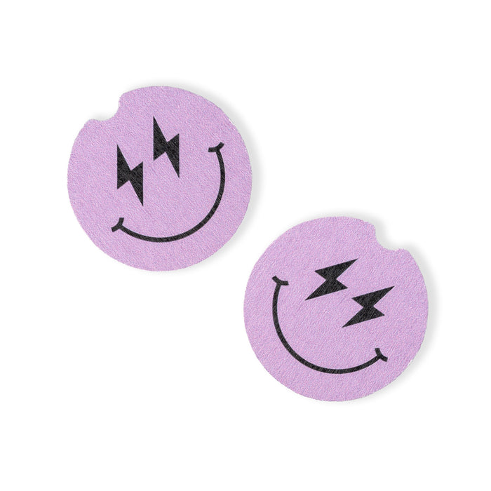 Two purple circular stickers with smiley face designs on a white background