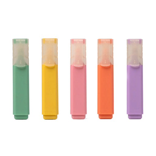 Five colorful highlighters in green, yellow, pink, orange, and purple on a white background