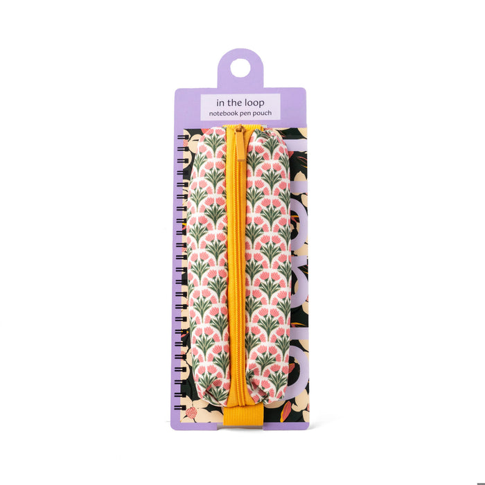 Notebook pen pouch with floral design and yellow zipper on a purple background