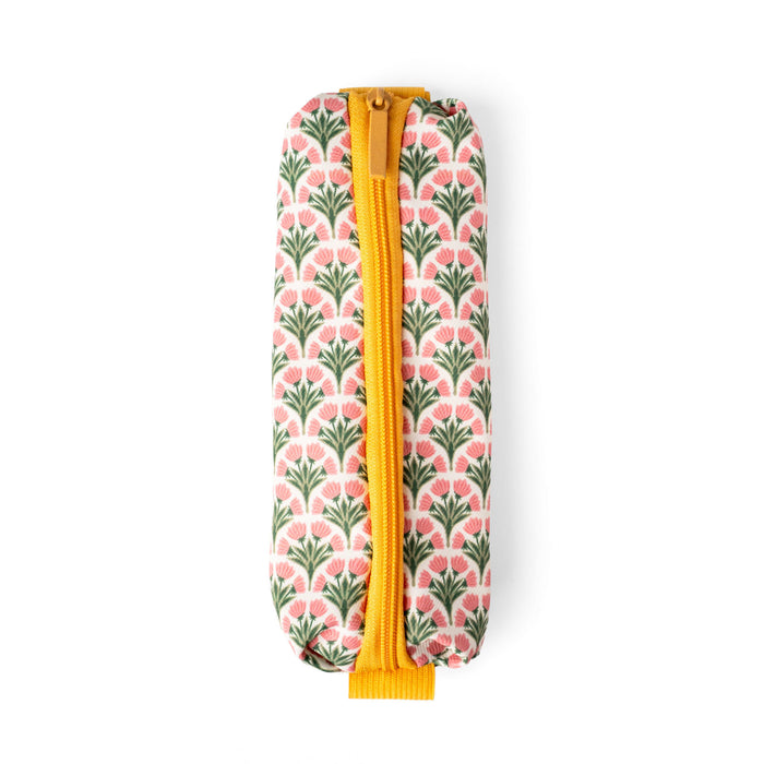 Pencil case with floral pattern and yellow zipper on a white background