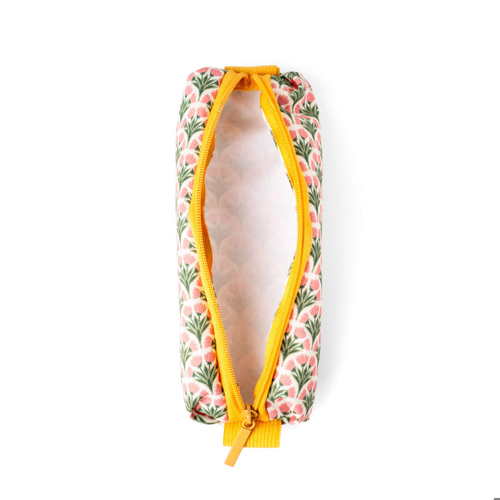 Floral-patterned pouch with yellow zipper on a white background