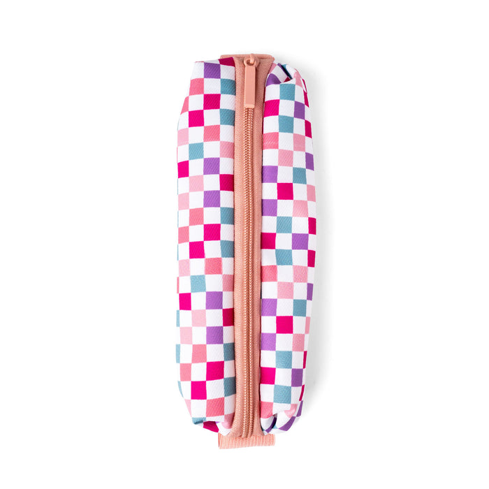 Checkered pencil case with pink zipper on a white background
