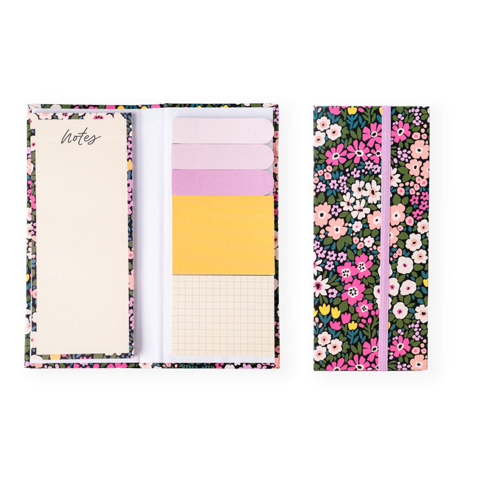 Floral-patterned sticky notes set with different color options on a white background