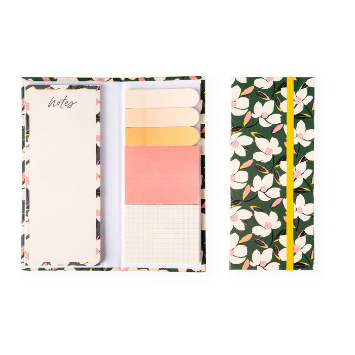 Floral-patterned notepad with colorful sticky notes and a matching cover on a white background.