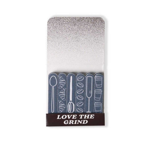 Pack of coffee-themed coasters with 'Love the Grind' text on a white background