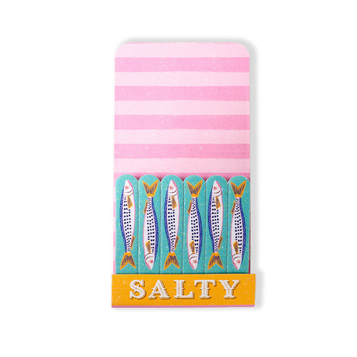 Pack of saltines with a pink and white striped design and fish illustration on a white background