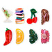 Set of colorful resin charms including a cocktail, books, cherries, chocolate, pepper, orange, leaf, and flower on a white background.