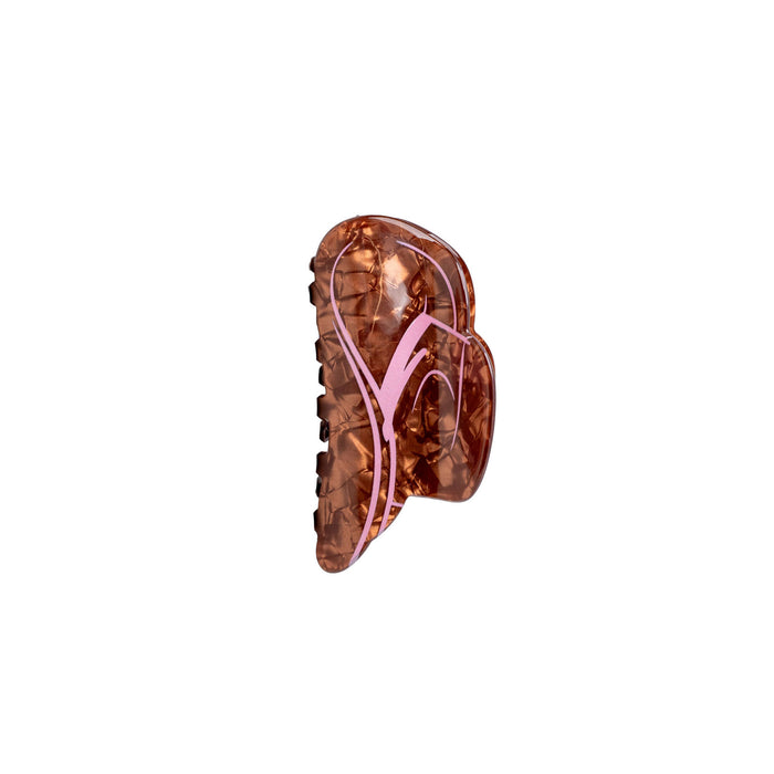 Brown butterfly-shaped hair clip with pink interior on a white background