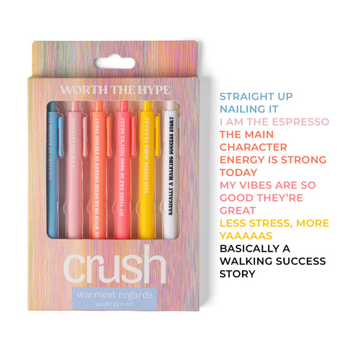 Packaging of colorful pens with text on a white background